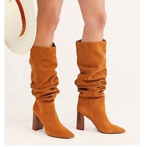 Free People x Jeffrey Campbell Felicity Slouch Boots, Tan Suede, Size 7